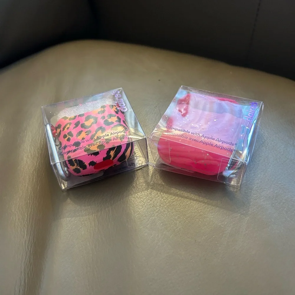Claire's Pink Leopard and Pink Glitter AirPods Cases